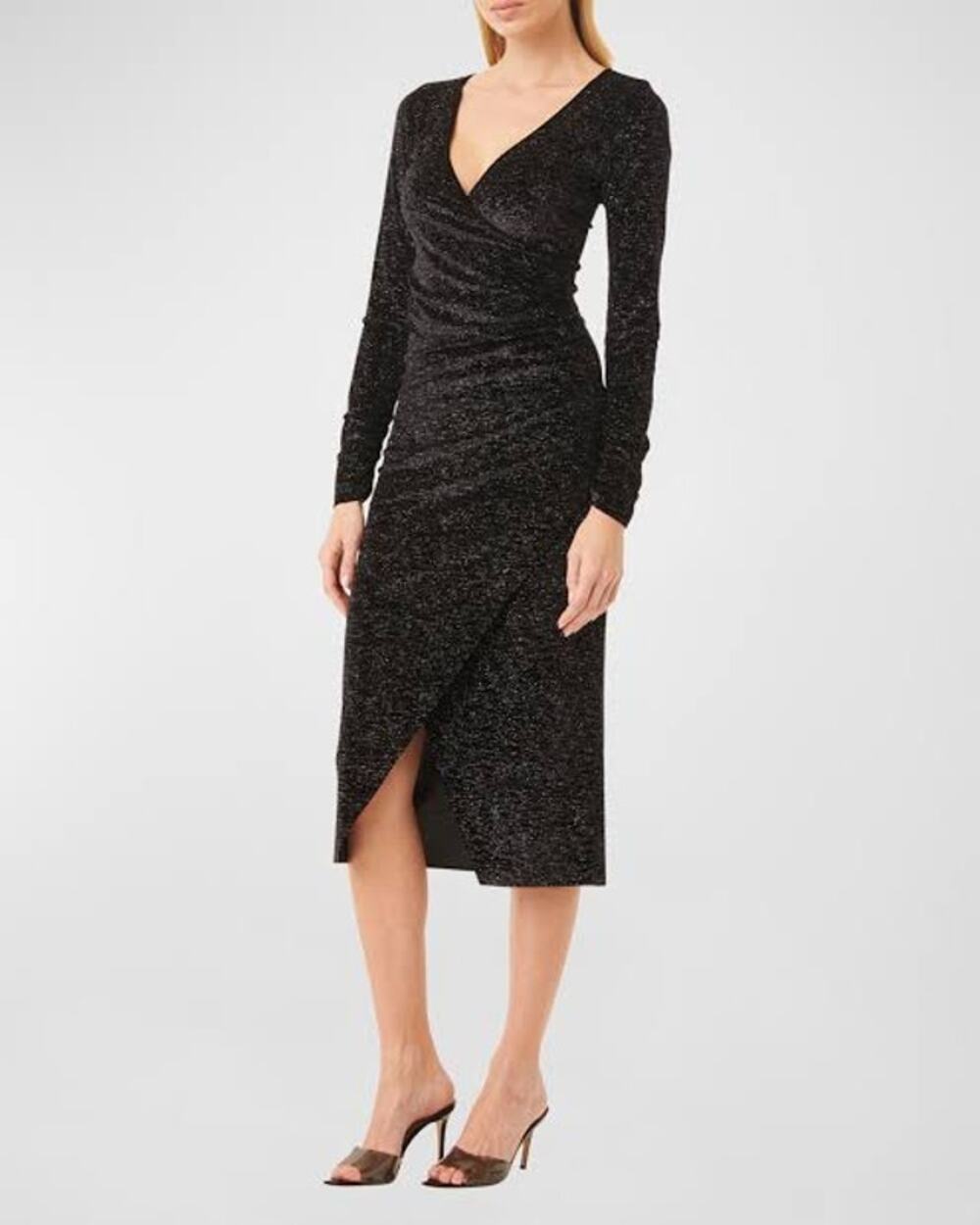 NWT MISA Setarah Black Metallic Faux Wrap Long Sleeve Midi Dress Womens Small